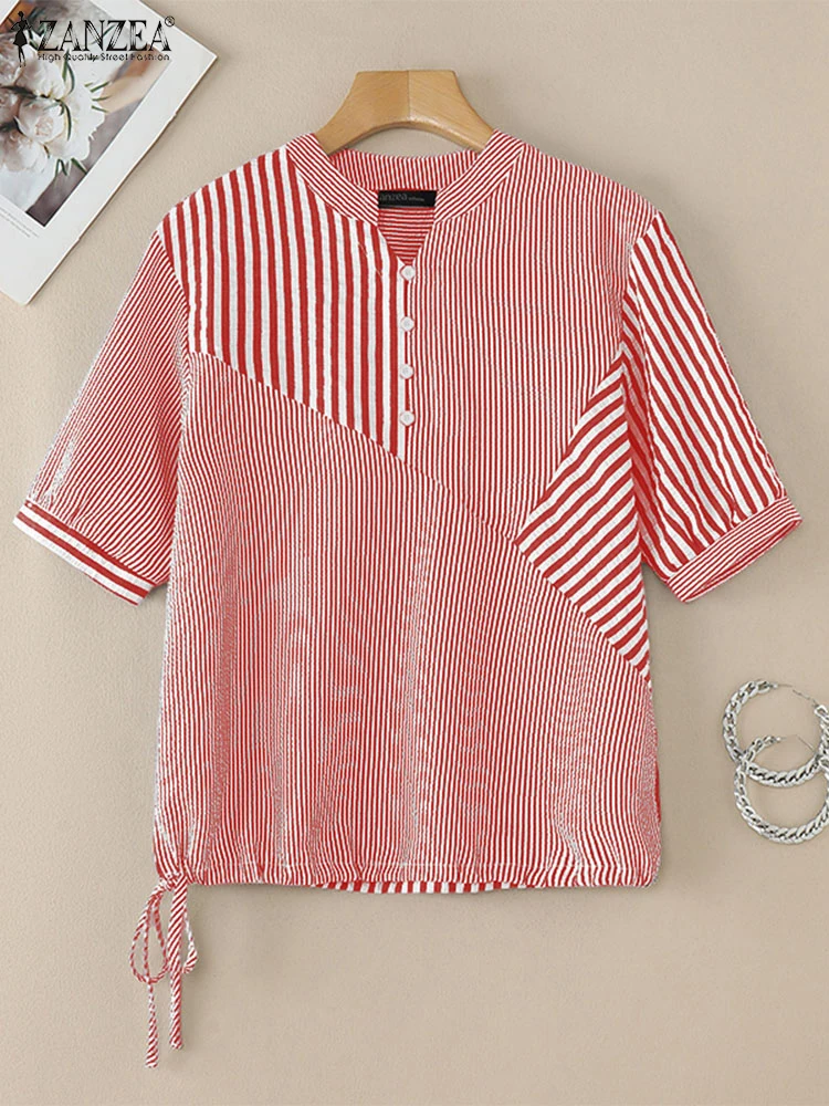 

2025 Summer Striped Shirts ZANZEA Elegant Women OL Work Blouse V Neck Half Sleeve Casual Loose Tops Drawstring Blusas Oversize