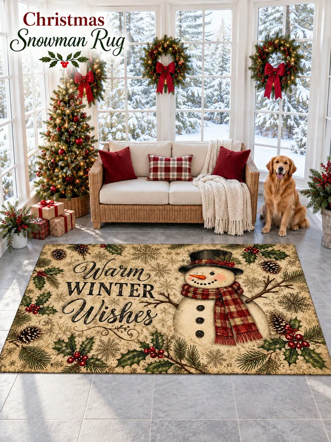 Winter Rug Snowman Holly Pinecones Lettering Floor Decor Carpet Living Room Bedroom Dining Area Entryway Apartment Home Styling Beside Sofa Armchair Christmas Housewarming Birthday Gift for Parents Neighbors Sisters Friends Holiday Celebrations