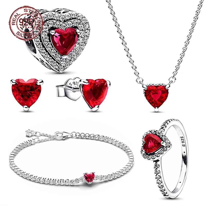 

Popular 925 Sterling Silver Brilliant Red Heart Series Set Fashionable Charm Jewelry Five Piece Set 2024 New Year Gift