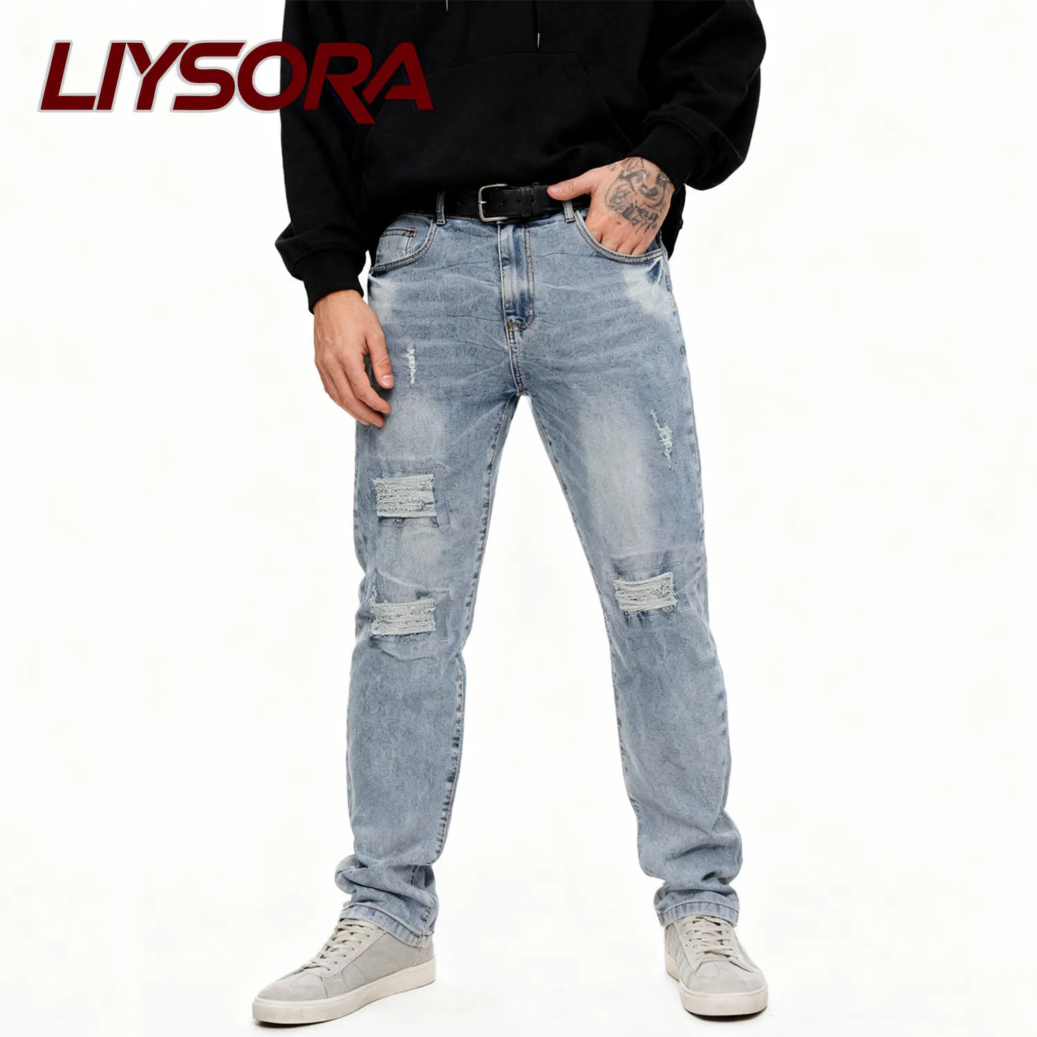 جديد الرجال مايكرو مطاطا مستقيم الساق الدنيم السراويل نحيل رجال الأعمال السراويل سستة المألوف تنوعا الجينز ممزق الدينيم