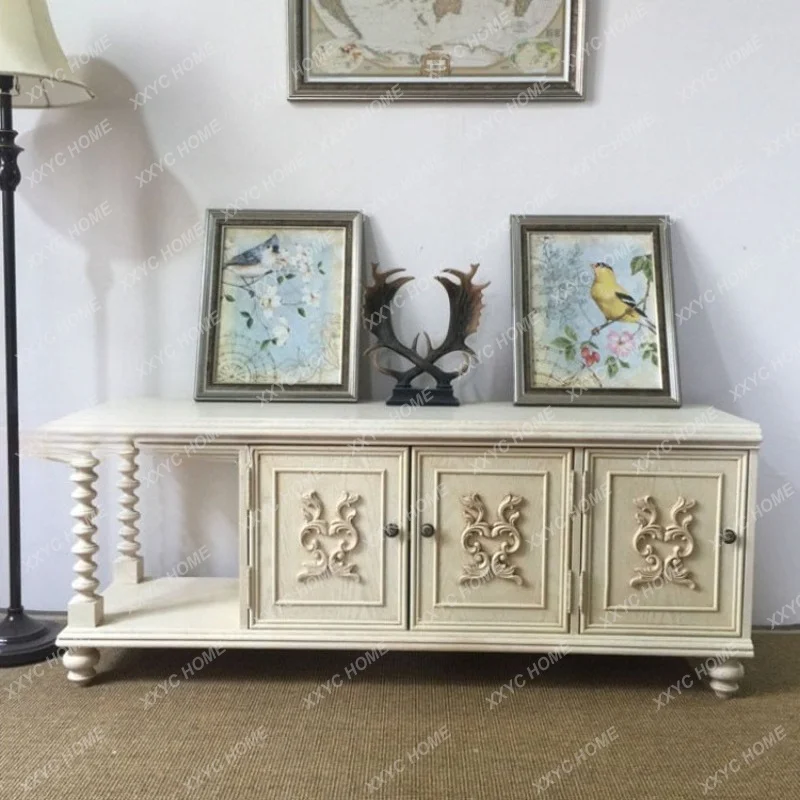 Fuxing solid wood TV cabinet retro country carving old modern living room video cabinet