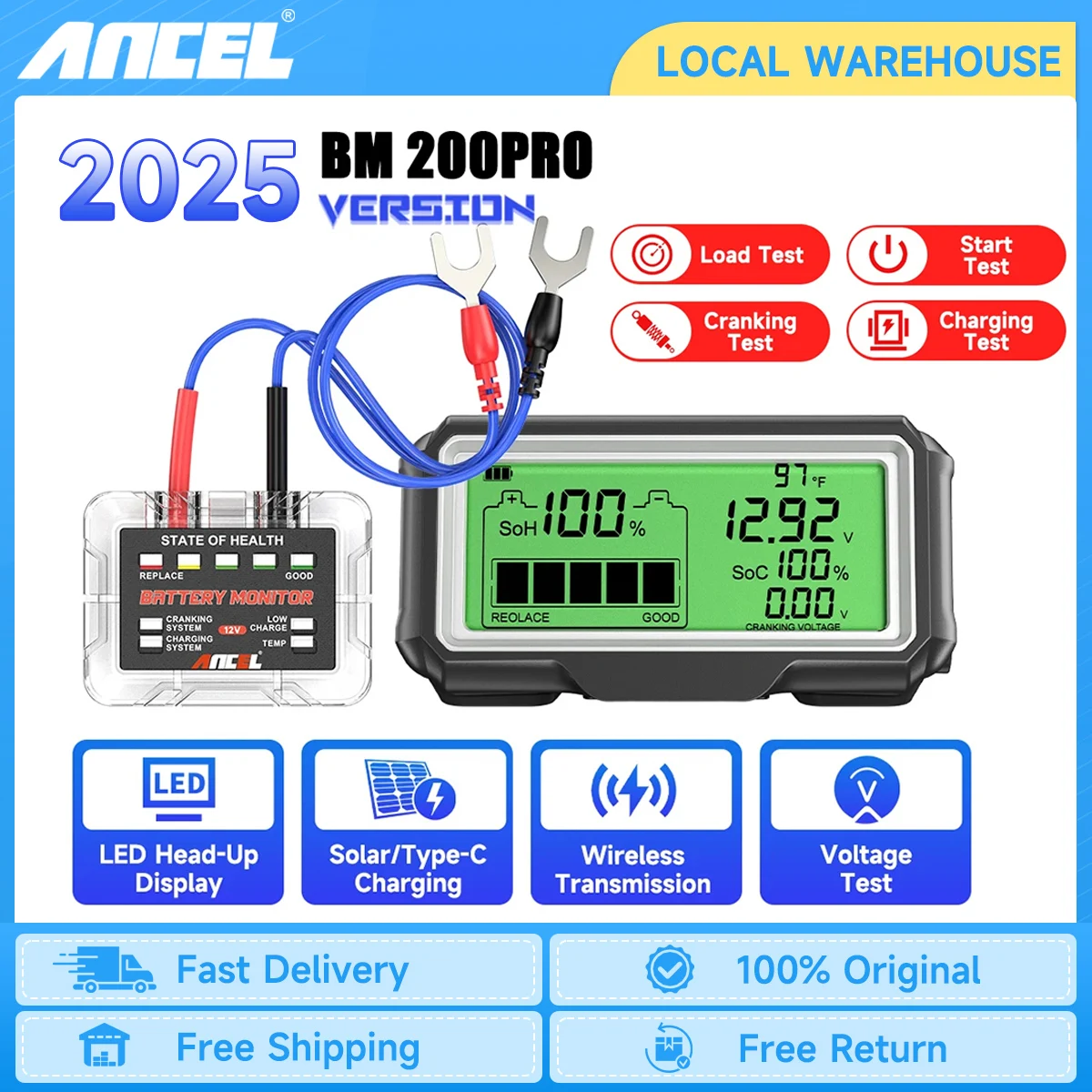 

ANCEL BM200 PRO 12V LED Battery Tester Monitor Display Battery Health SOH SOC Tester Charging Battery Capacity Analyzer Tools