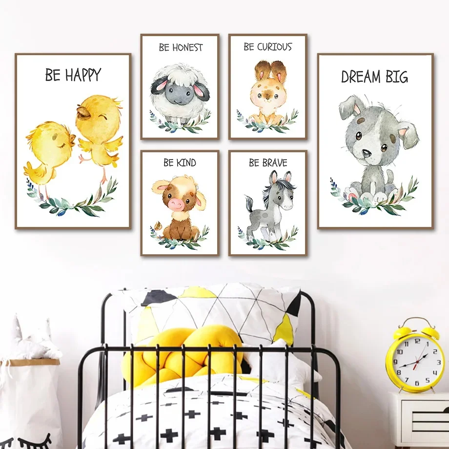 

Duck Sheep Rabbit Cow Donkey Dog Leaves Animal Wall Art Canvas Painting Nordic Posters And Prints Wall Pictures Kids Room Decor