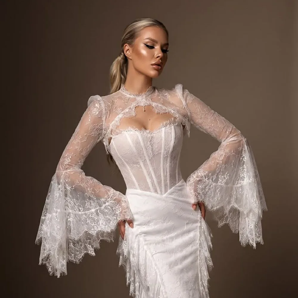 Vintage White Corset Lace Top with Sheer Cut-Out Neckline Oversized Bell Sleeves Women Romantic Wedding Blouse Customized J26703