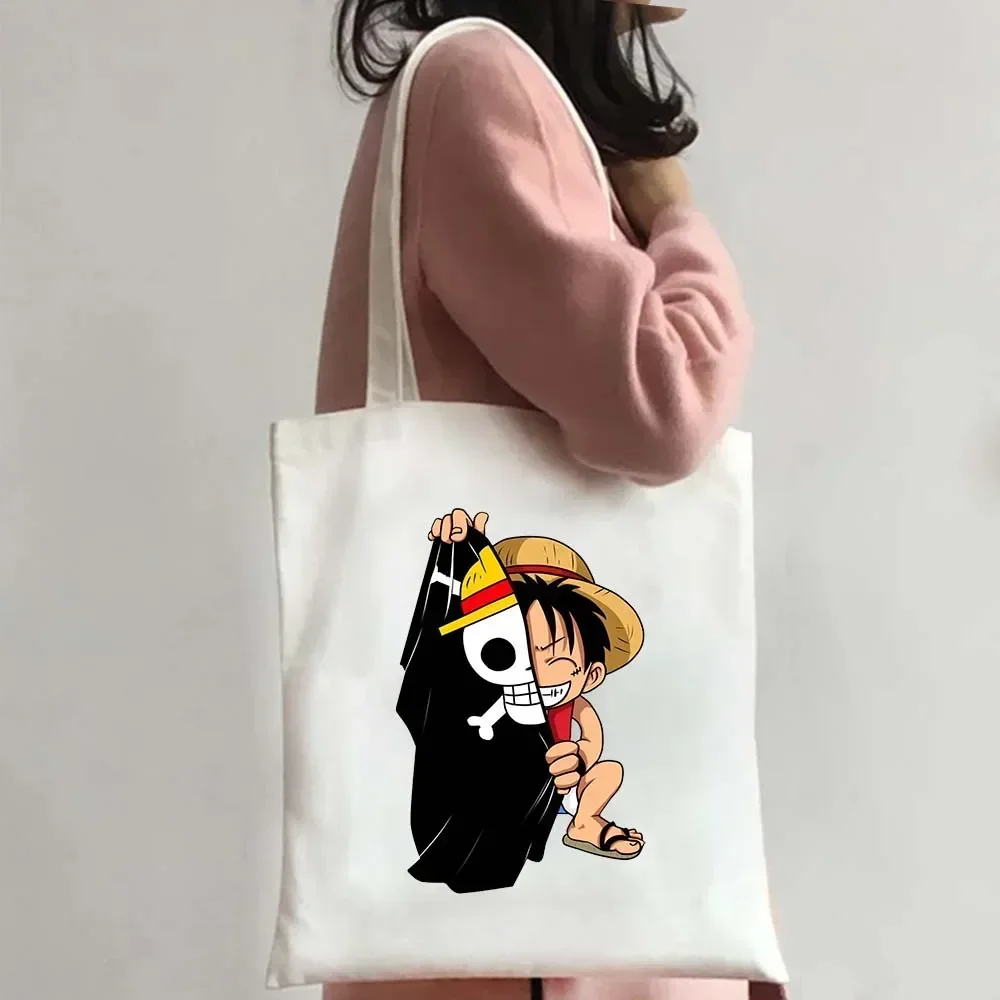 Large Capacity Beach Bag Reusable Shopper Handbags Anime One Piece Monkey Cute Luffy Zoro Tote Bags Shopping Canvas Bag