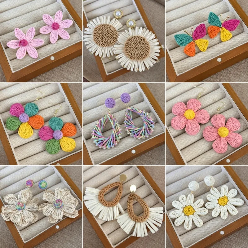 Straw Woven Geometric Sunflower Butterfly Stud Earrings Women Vintage Boho Resort Vacation Photo Prop Lightweight Premium Sweet