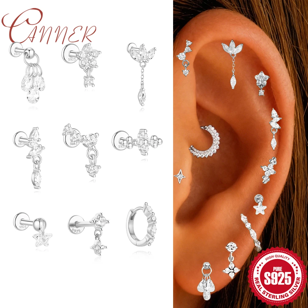 

CANNER 925 Silver Ins 18K White Gold Horse Eye/Stars/Flower/ studs For Women 1pc Flat Head Threaded Ear Bone Fine Jewelry Gift