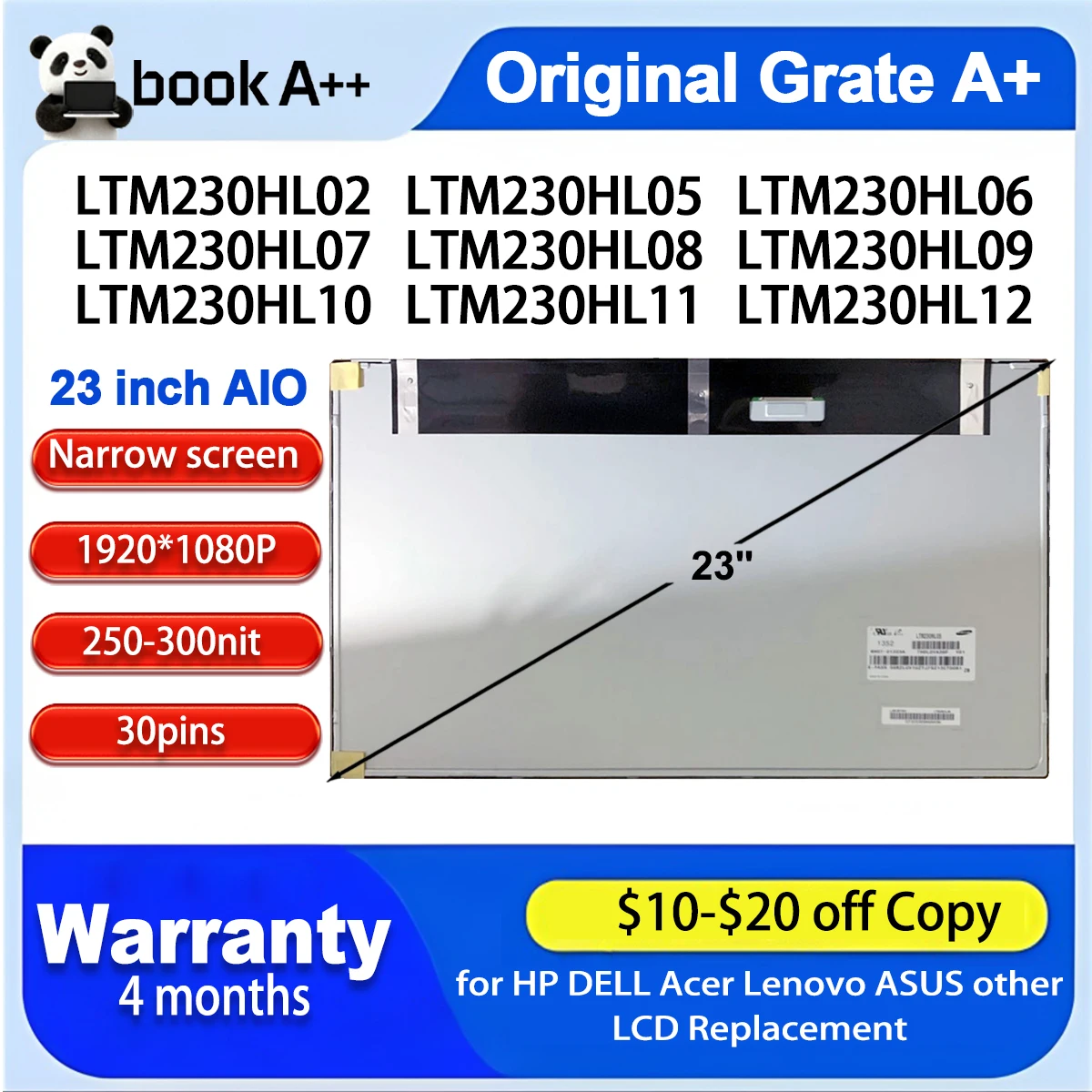 

Original 23" LTM230HL02 05 06 07 09 10 11 12 for HP Lenovo Acer ASUS Dell AIO LCD Screen Display