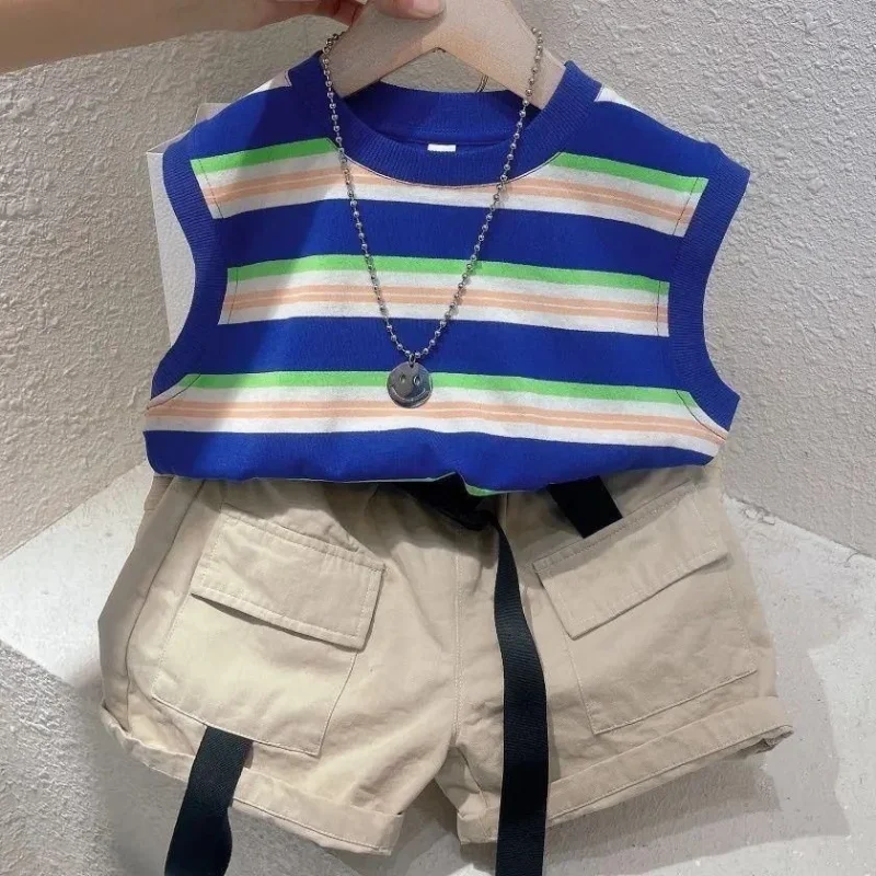 

Boys Clothing Summer Sleeveless Round Neck Striped Contrasting Colors Printed 2023 New Korean Version Children Vest Two Pieces