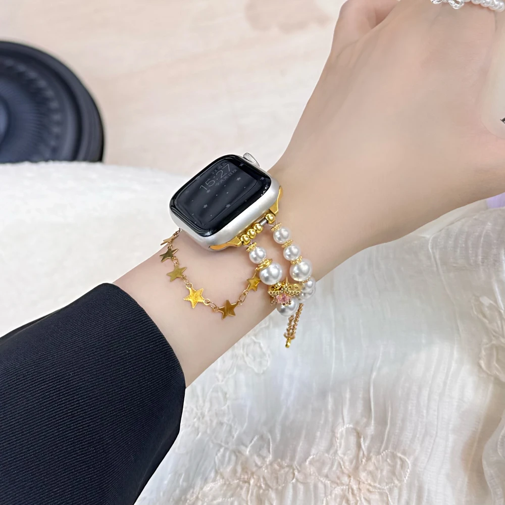 Luxury Lucky Star เพิร์ลโลหะสําหรับ Apple Watch Band 49 41 44 45 40 42 มม.ผู้หญิงเครื่องประดับนาฬิกาข้อมือสร้อยข้อมือสําหรับ iWatch 9 8 7 SE 6