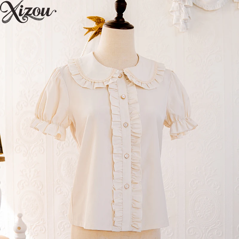 Camisa informal De moda De Color puro estilo Lolita, Tops De verano para Mujer, Tops elegantes De manga corta para Mujer 2025