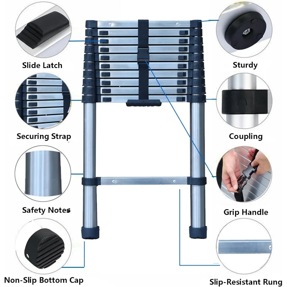 Stainless Steel Telescoping Extension Ladder - 10 Feet, 330 lbs Capacity, Collapsible for Home Use, Multi-Purpose Utility Ladder