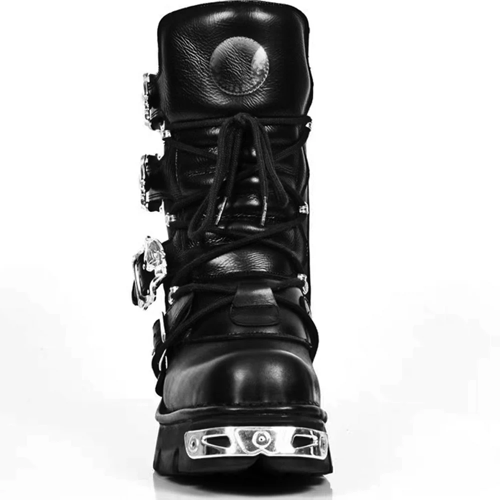 Novo masculino punk botas de motocicleta metal salto grosso goth crânio fivela meados de bezerro botas de combate zíper dedo do pé redondo botas