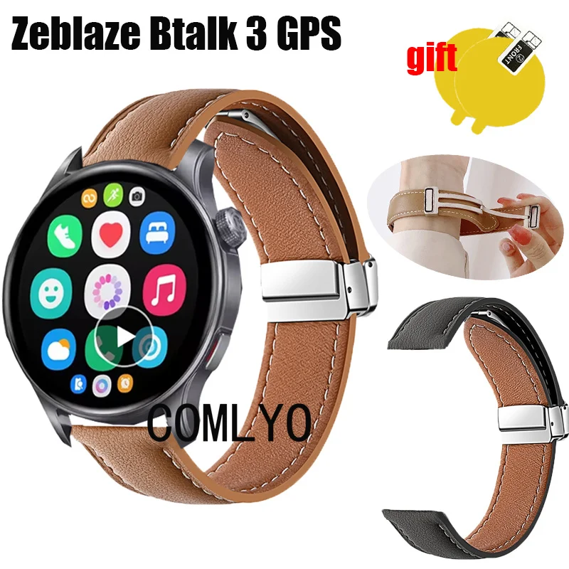 For Zeblaze Btalk 3 GPS Strap Leather Genuine Folding Magnetic Buckle Soft Smart Watch men Band Screen protector film