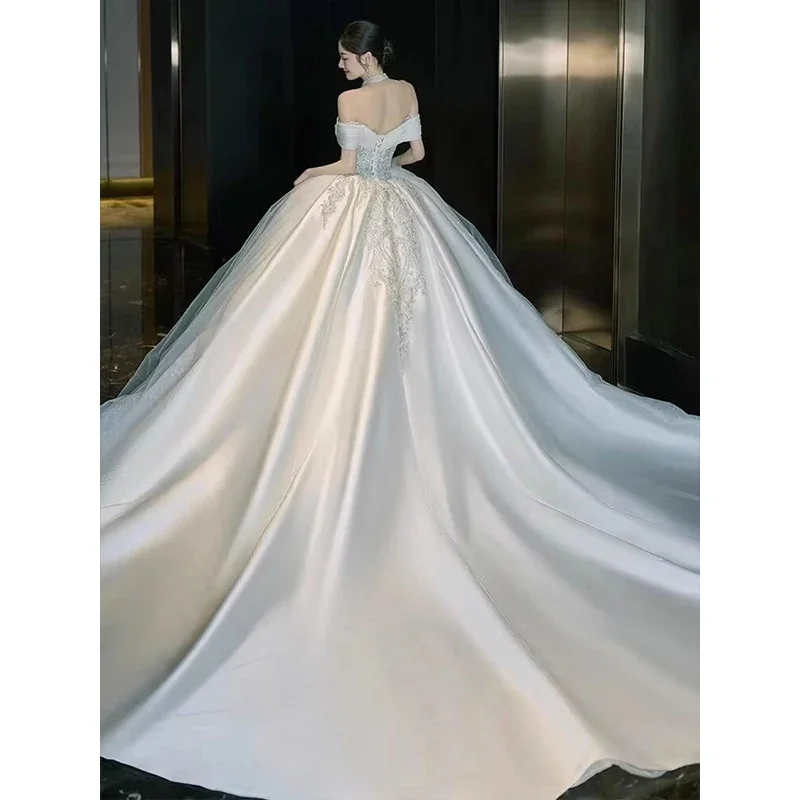 One Character Lord Wedding Dress, Bridal French Satin Main Yarn, High Quality Texture, Long Tailed Wedding Dress Marriage Dress