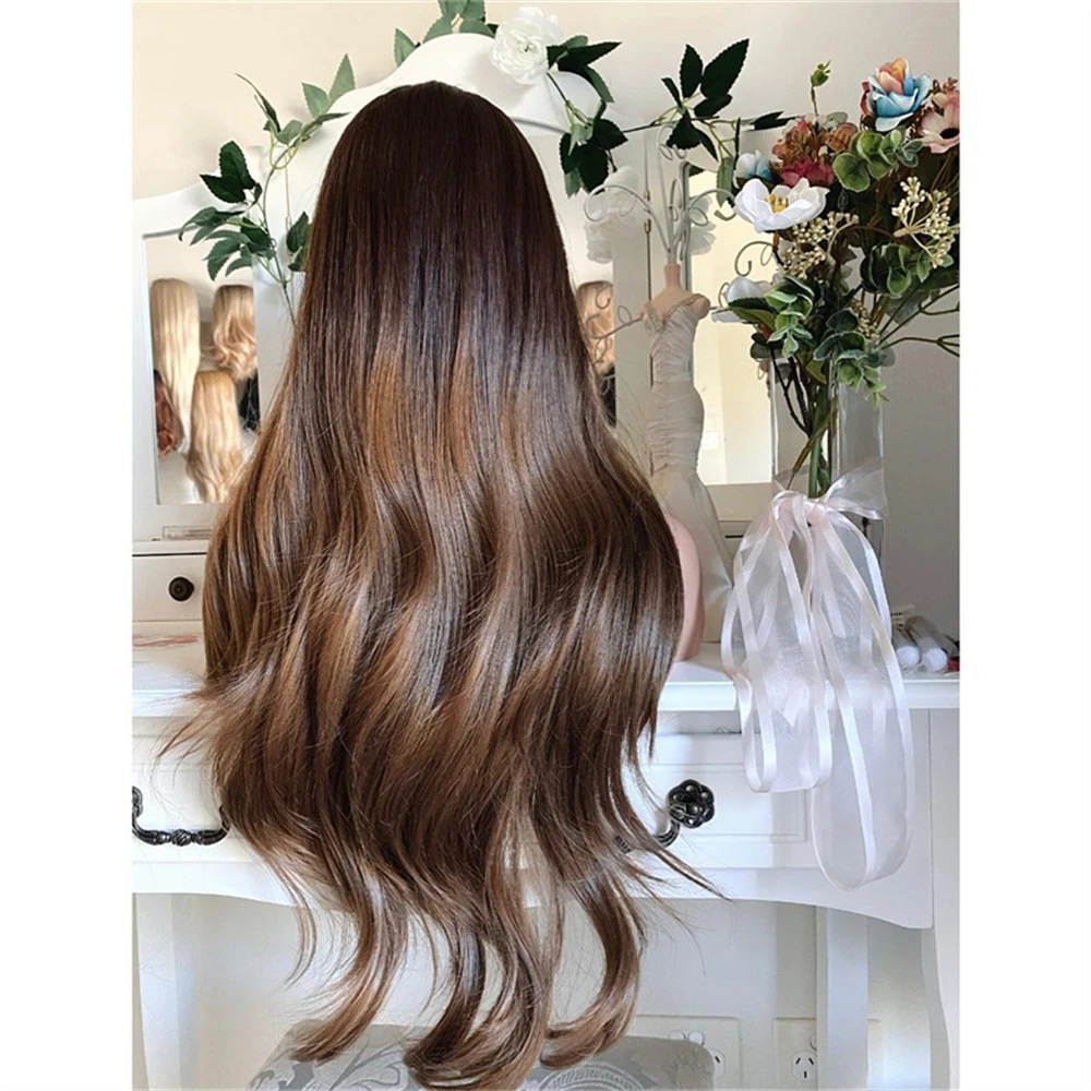 Wig Cosplay renda depan rambut palsu gelombang longgar coklat Ombre dengan Wig depan renda poni untuk wanita Wig depan renda sintetis