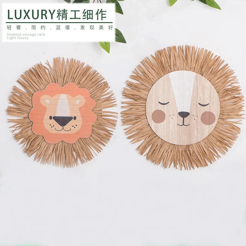 Nordic Nursery Decor Children’s Room Cartoon Lion Tiger Head Pendant Colorful Handmade Woven Wall Hanging Home Decoration