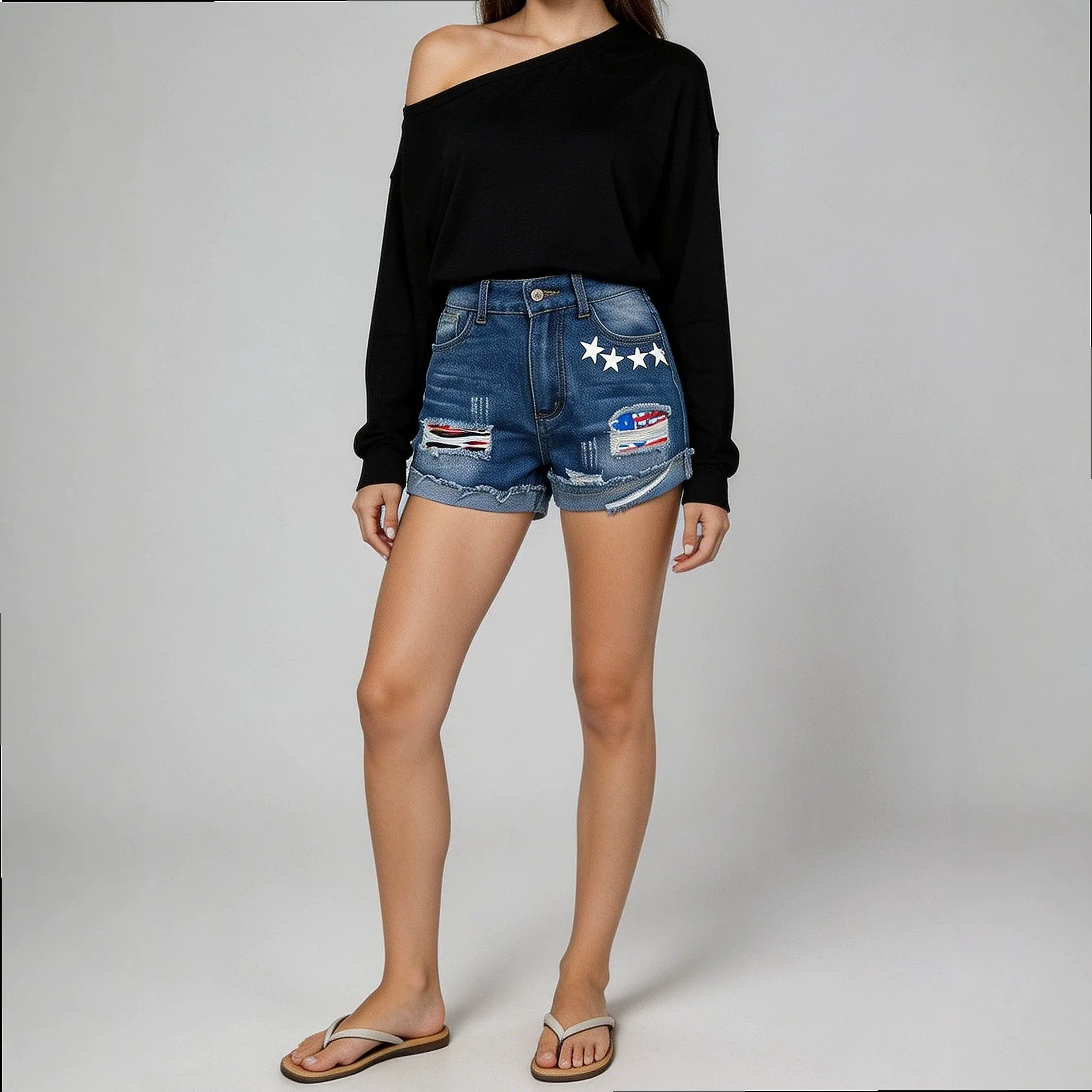 Denim Shorts for Women Spring Summer Trendy Printed Rolled Hem Casual Jean Short