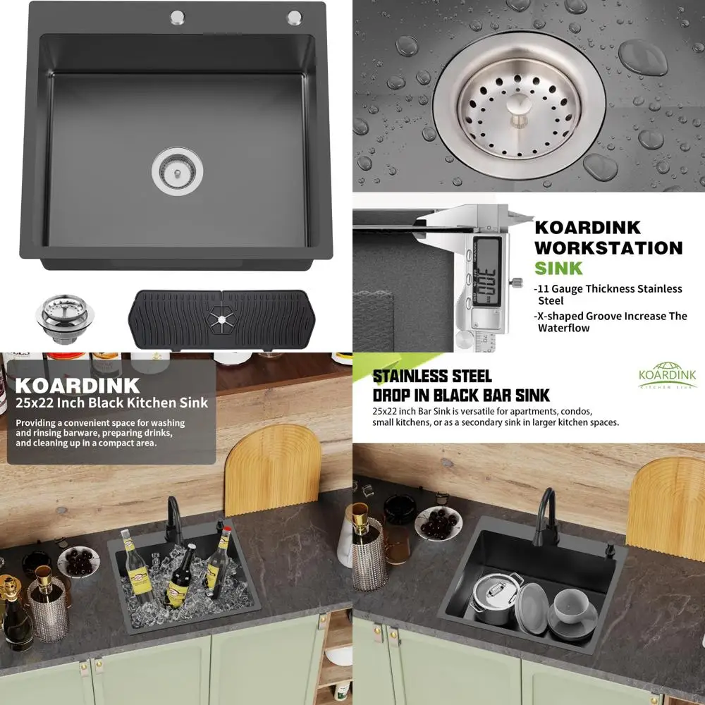 

Stainless Steel 25x22 Inch Modern Single Bowl Drop-In Kitchen Sink, Topmount Bar Sink Combo with Silicon M