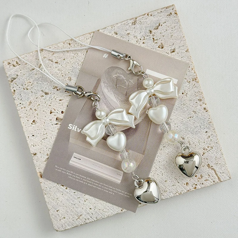 1pc artesanal simples arco frisado chaveiro pingente doce pérola prata amor telefone corrente saco pendurado decoração