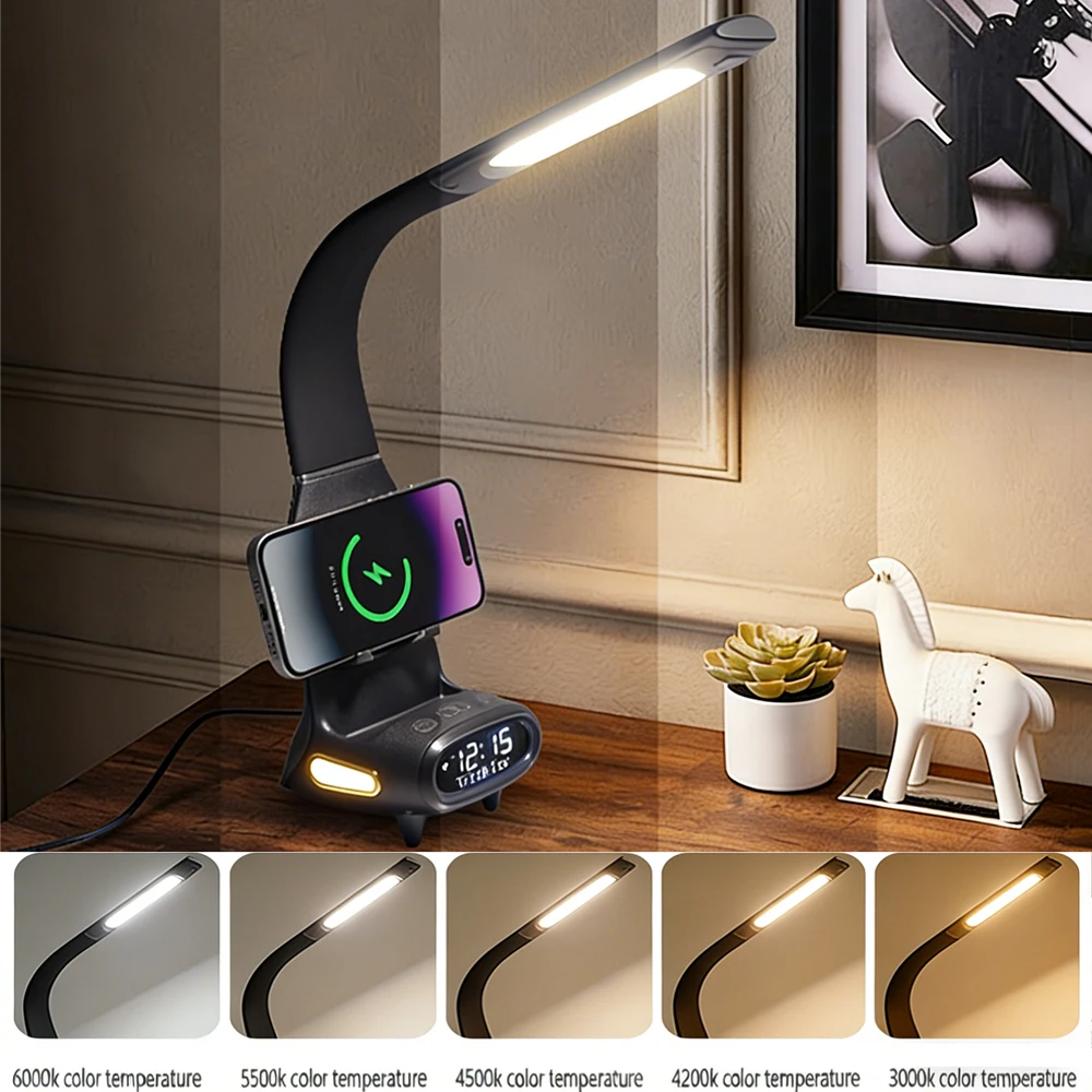 Eye-Care Reading Desk Lamp with Soft Night Light 15W Wireless Fast Charging 5-colour Temperature Inductive Dimming Desk Lamp