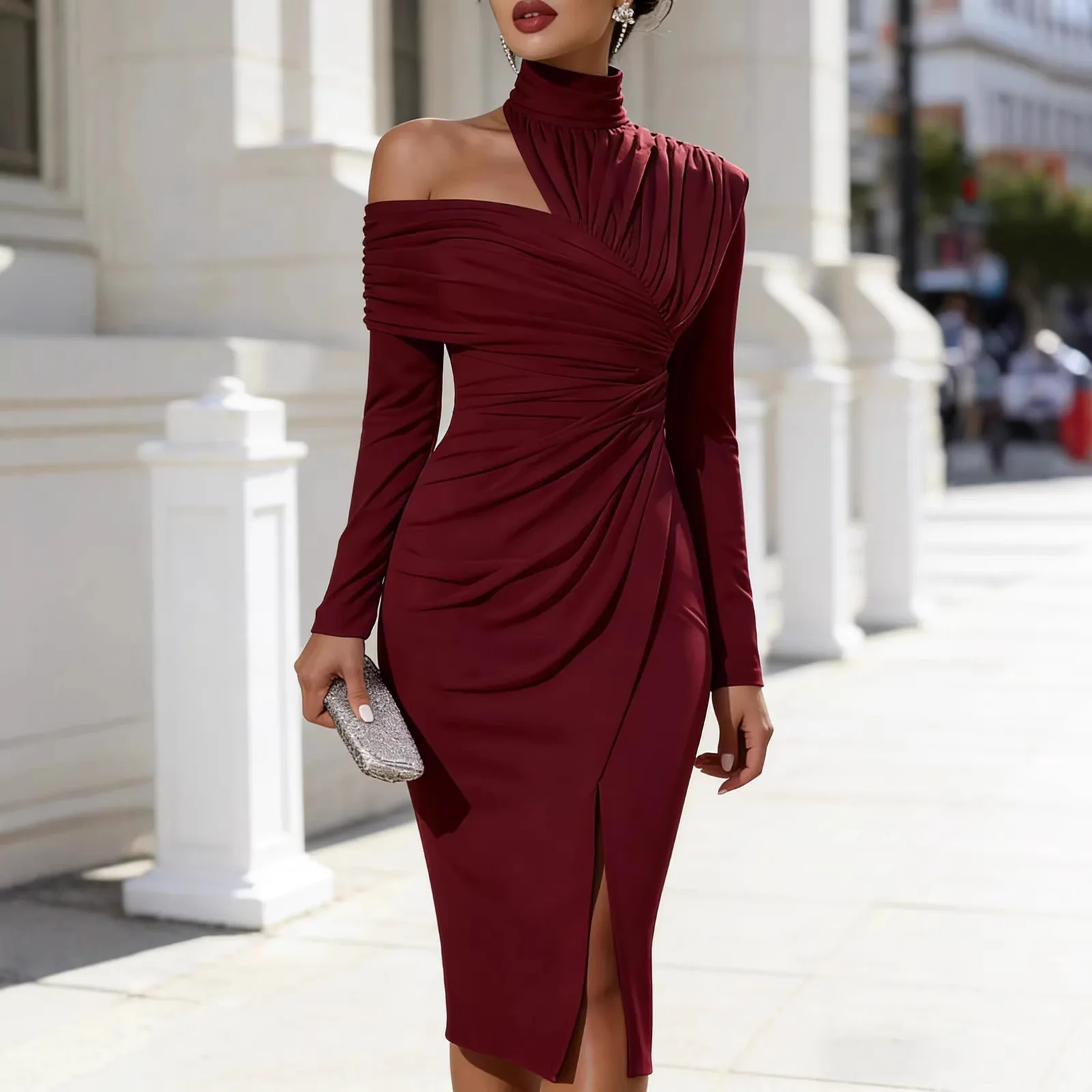 Robe pour femme Printemps-Été 2026 Nouvelle collection Couleur unie Col montant Manches longues Épaules dénudées Froncée Taille cintrée Robe midi décontractée