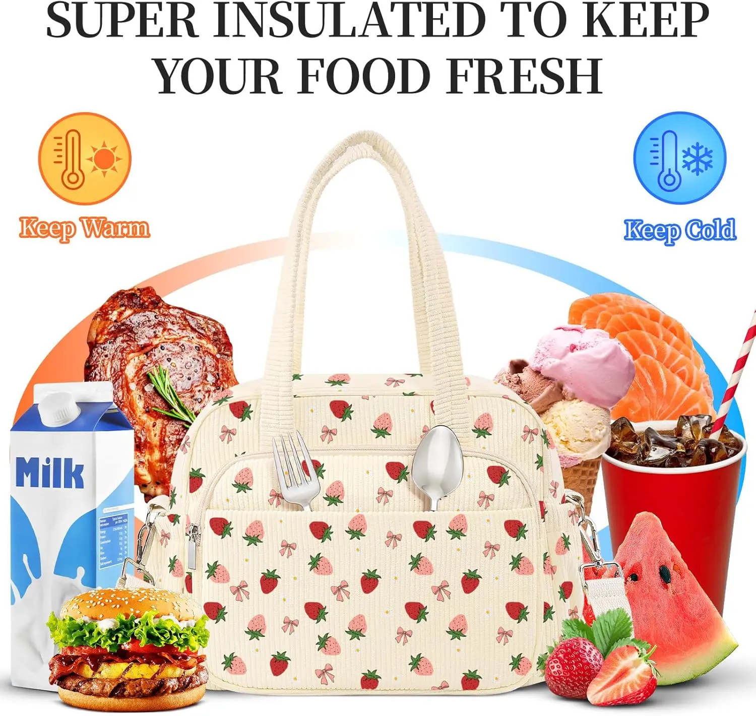 Insulated strawberry Corduroy Lunch Tote Cute Lunch bag with Shoulder Strap, Multiple Pockets, Adult Teacher Nurse