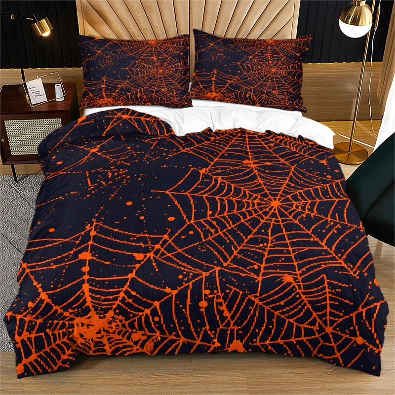 Halloween Orange Spider Web Print Duvet Cover Set Bedding Set No Filler For Bedroom Holiday Home Decor