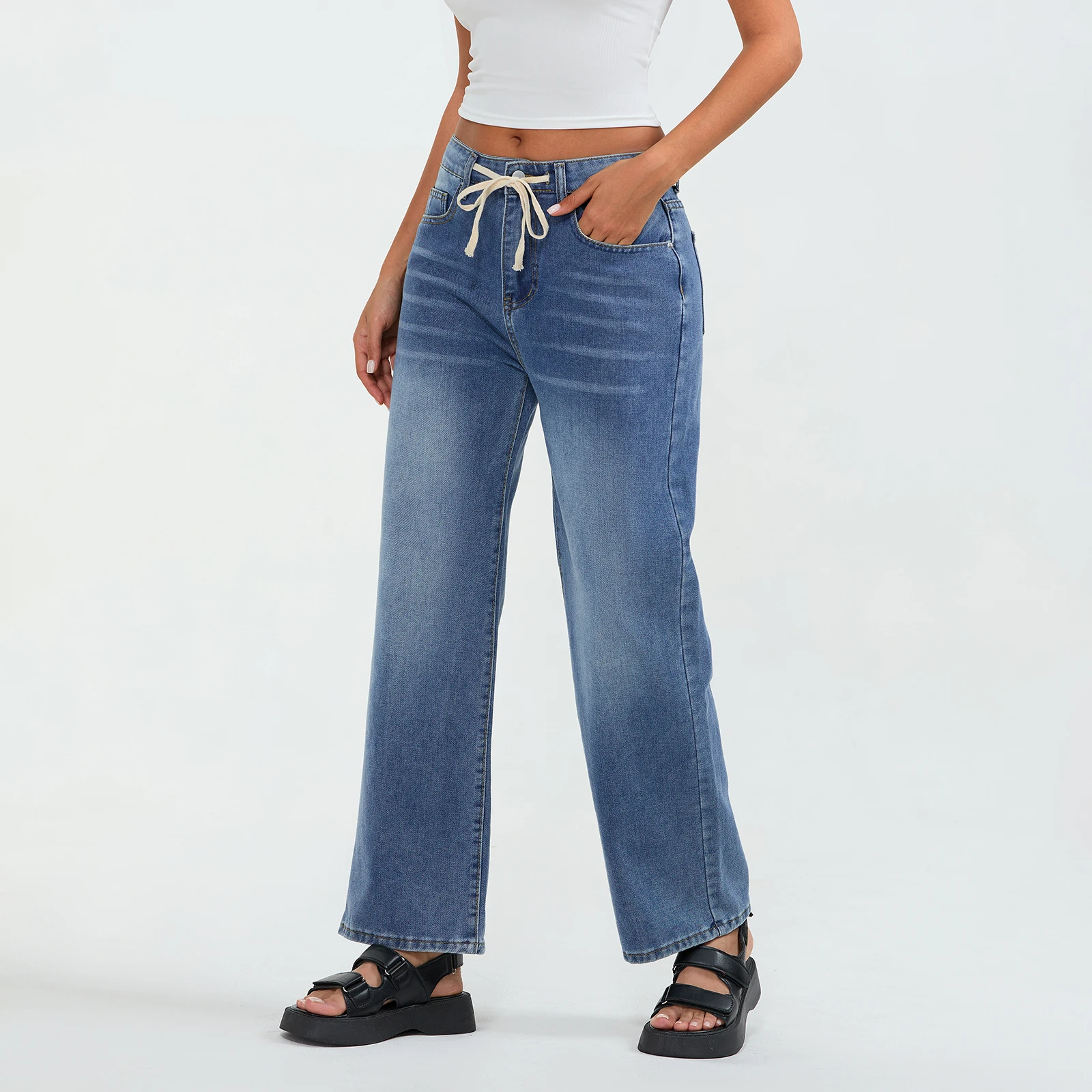 Wstring FJJ-Pantalon en denim à jambes larges pour femme, couleur unie, avec poches, streetwear, printemps été