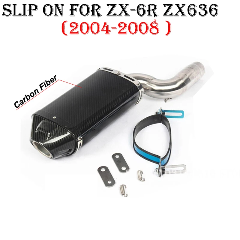 Slip On For Kawasaki ZX6R ZX-6R ZX636 2004 - 2008 Motorcycle Exhaust Escape Systems Carbon Fiber Muffler Middle Link Pipe view 2