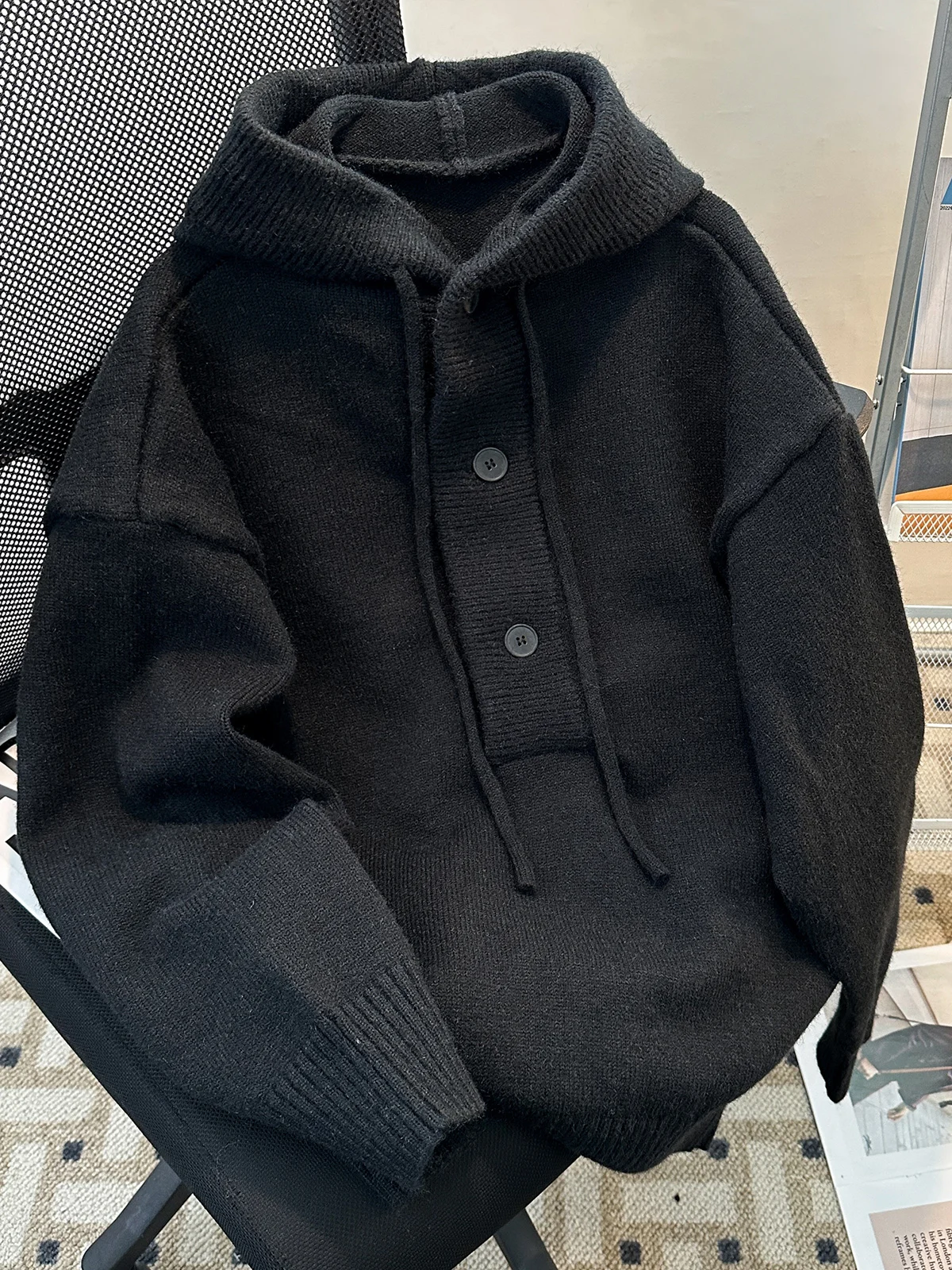 

Hooded Thiened Knitted Sweater Coat Men's Youth Loose Warm Faionable Winter Long Sve Button up Pure Color Casual Wear