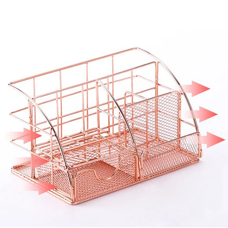 2 Pcs Rose Gold Desk Storage Box Creative Desktop Shelf With Drawer And Metal Mesh Pen Holder For Office School And Home