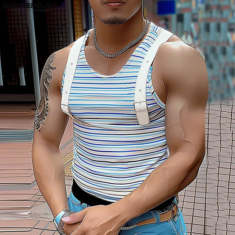 INCERUN Men Tank Tops Striped Patchwork O-neck Sleeveless Summer Casual Male Vests Streetwear 2024 Fitness Fashion Men Clothing