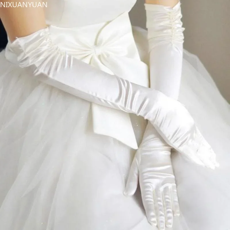 1 Pair Bride Bridal White Wedding Gloves Ivory Long Beaded Satin Elegant for Women Finger Gants Mariage Luvas De Noiva