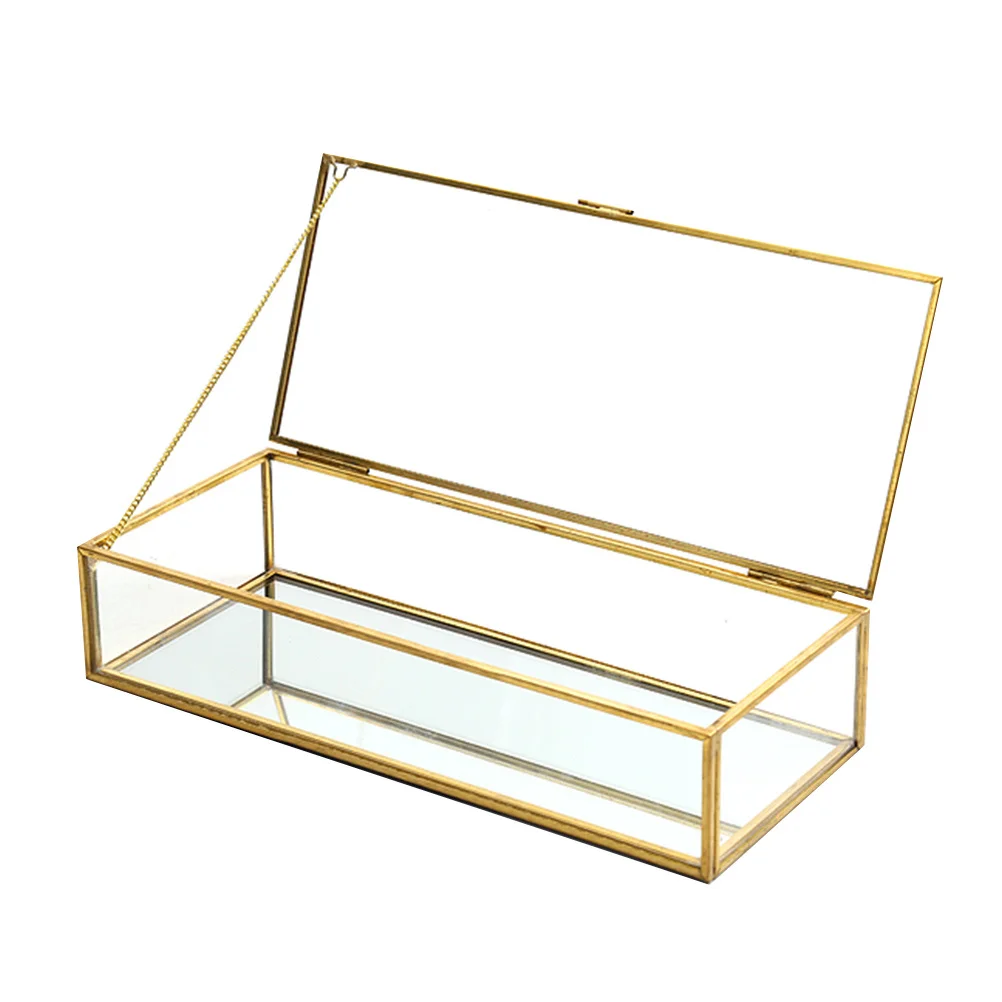 Jewelry Glass Case Golden Trim Geometrical Shape Makeup Storage Box Wedding Favor Glass Jewelry Organizer Desktop Decor