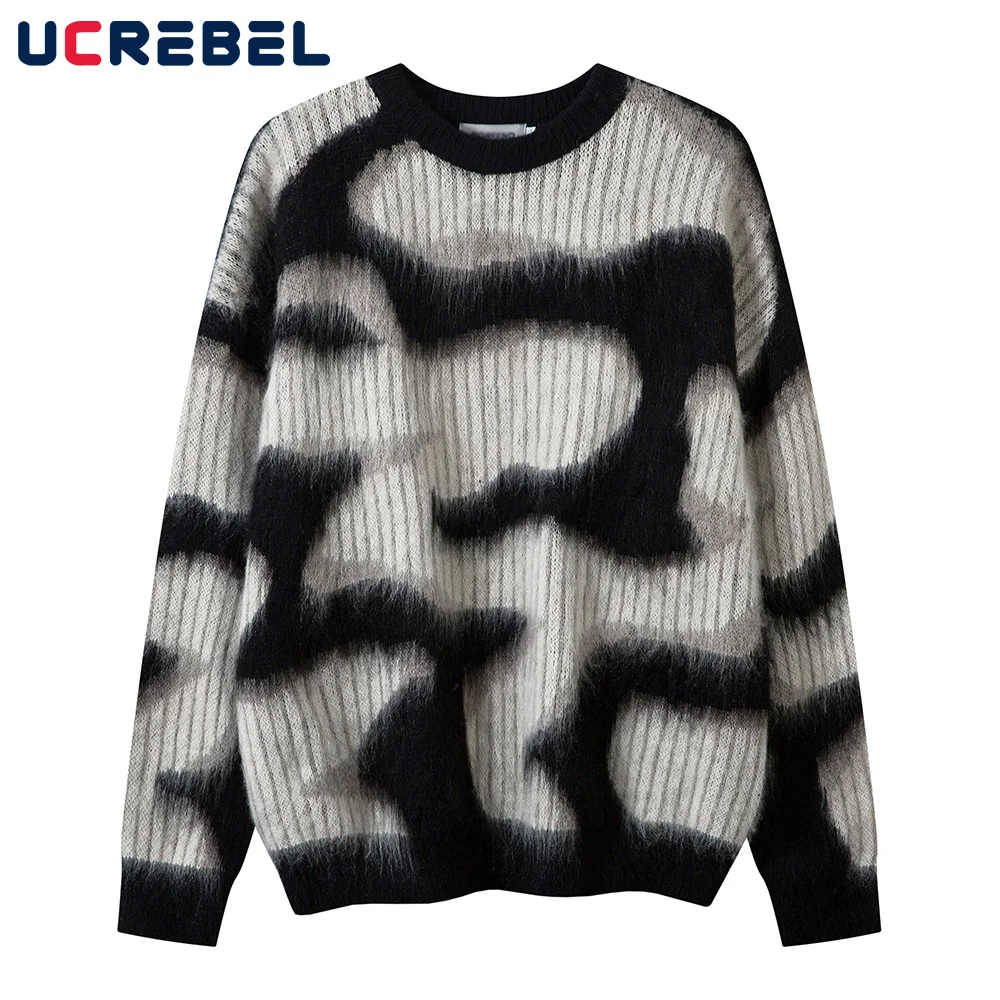 

Contrast Mohair Long Sleeve Sweater Mens High Street Autumn Winter Crew Neck Loose Knitted Pullover Men