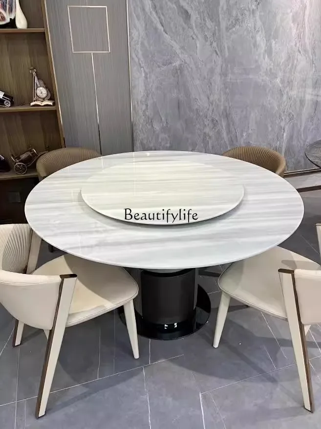 

Modern simple high-end luxury stone dining table with turntable light luxury pure natural marble