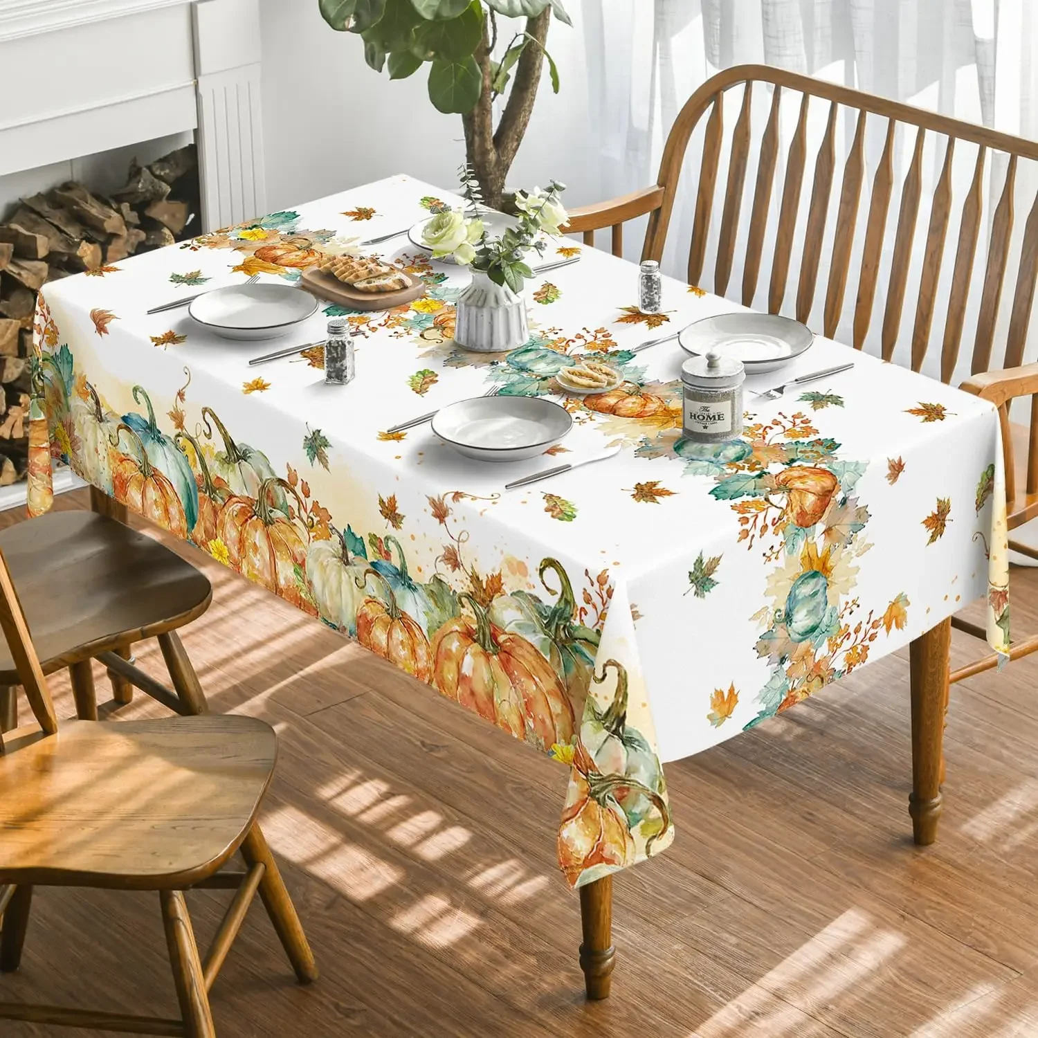 Rectangular Horaldaily Fall Tablecloth Thanksgiving Autumn Harvest Orange Pumpkin Leaves Washable Table