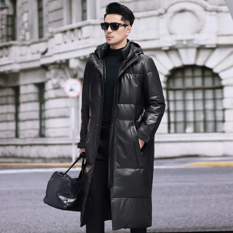 

Men‘s Leather Down Coat, Extended Length, Hooded, Handsome, Genuine Cowhide, White Goose Down Coat, Warmer, Autumn And Winter