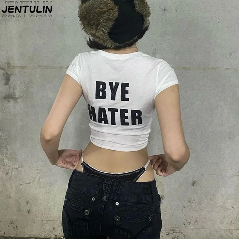 Y2K Clothes Aesthetic Hi Hater print T-shirt short sleeve Crop Tops Fashion Streetwear Slim Vintage Women Tshirt Kawaii baby tee