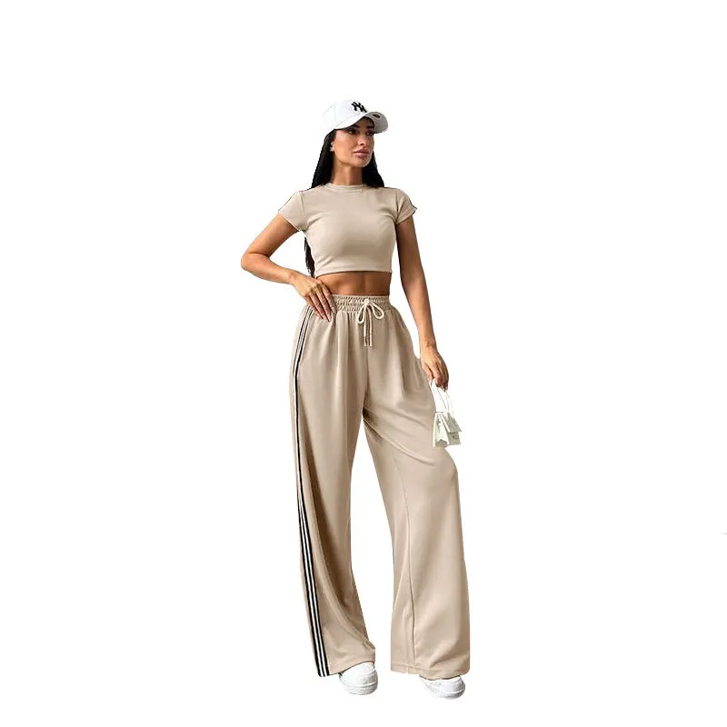 Fashion Stripe Patchwork Sports Sets Women Slim Cropped Top High Waist Wide Leg Trousers Two Piece Set Casual Sporty Style Suits