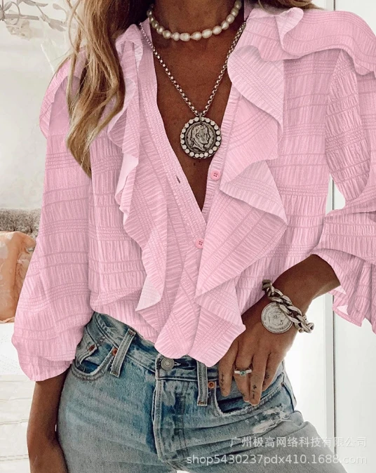 

Women's T-Shirt Long Sleeved Ruffled Top The Latest Version of The 2024 Spring/summer V-Neck Bat Sleep Loose Fitting Blouses