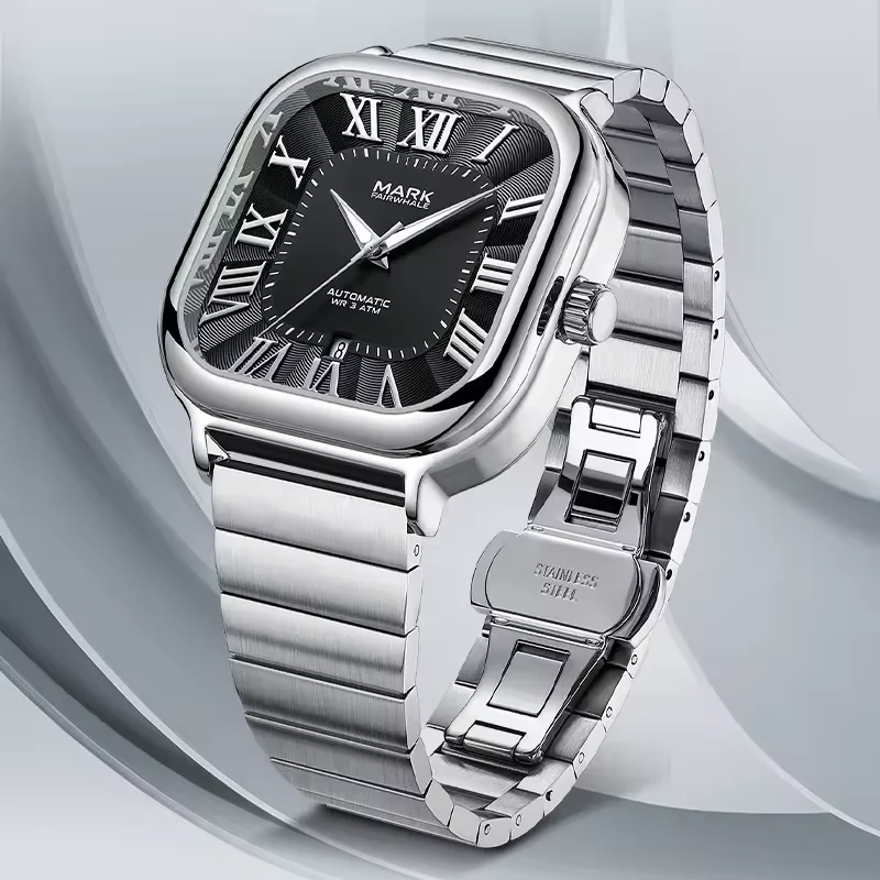 New Luxury Stainless Steel Automatic Watch for Men  Mark Fairwhale Square Luminous Hands Water Resistant relojes para hombres