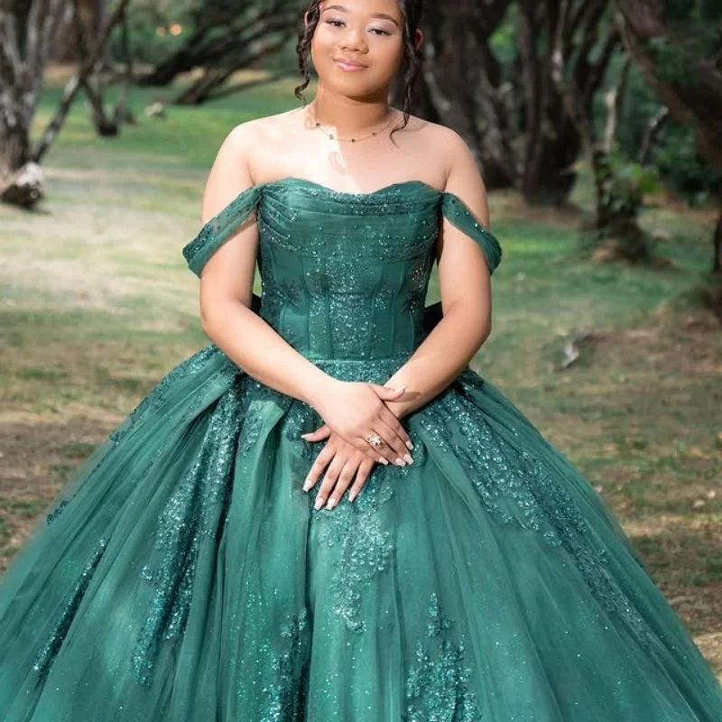 

Customized simple blackish green Quinceanera Dresses Off the Shoulder sequin applique Tull Long tail Bow Vestido 15 Quinceanera