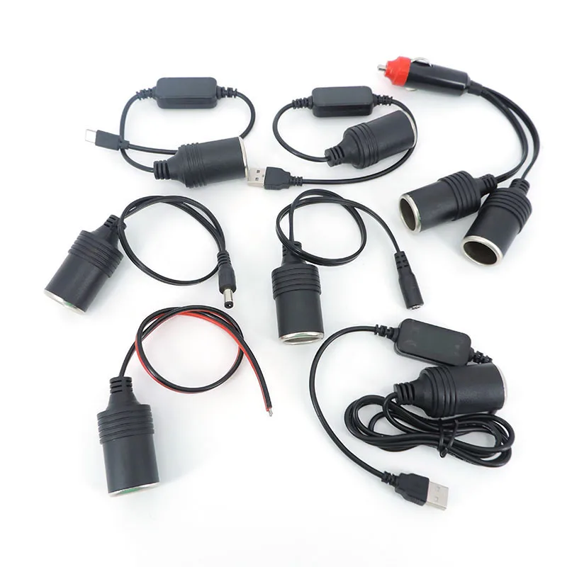 Encendedor de coche dual de 12v CC, macho y hembra a DC 5,5x2,1, USB tipo c macho y hembra, Conector de 5v, adaptador de cargador e