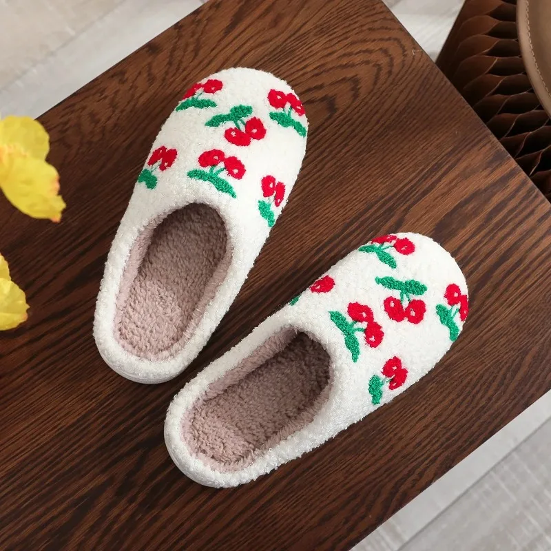 Slippers Lovely Cherry Couple 2024 Winter Home Plush Comfortable Non Slip Cotton Shoes Warm Flat Bottom Casual Shoes Men Women