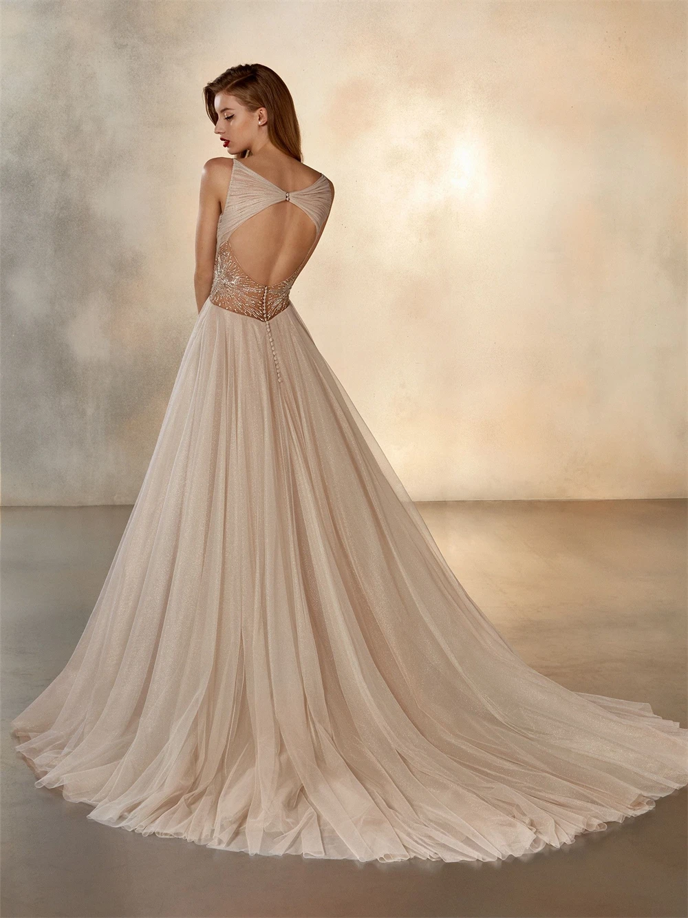 Sexy Chiffon bodenlanges Brautkleid Elegante rückenfreie Brautjungfernkleider Luxuriöse Perlen schiere Taille Brautjungfernkleider Vestido