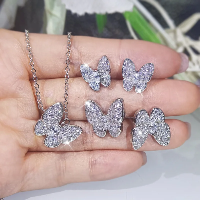 925 Sterling Silver Exquisite Butterfly Zircon Celebrity Three Piece Jewelry Set Women's Party Wedding Jewelry Gifts