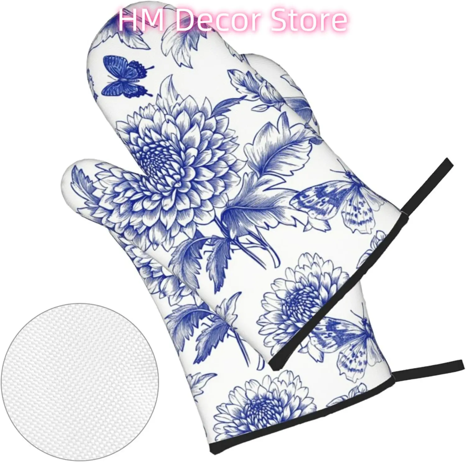 Blue White Dahlias Oven Mitts and Pot Holders Sets of 4, Aesthetic Plants Country Heat Resistant Oven Mitts,Non-Slip Cooking Glo