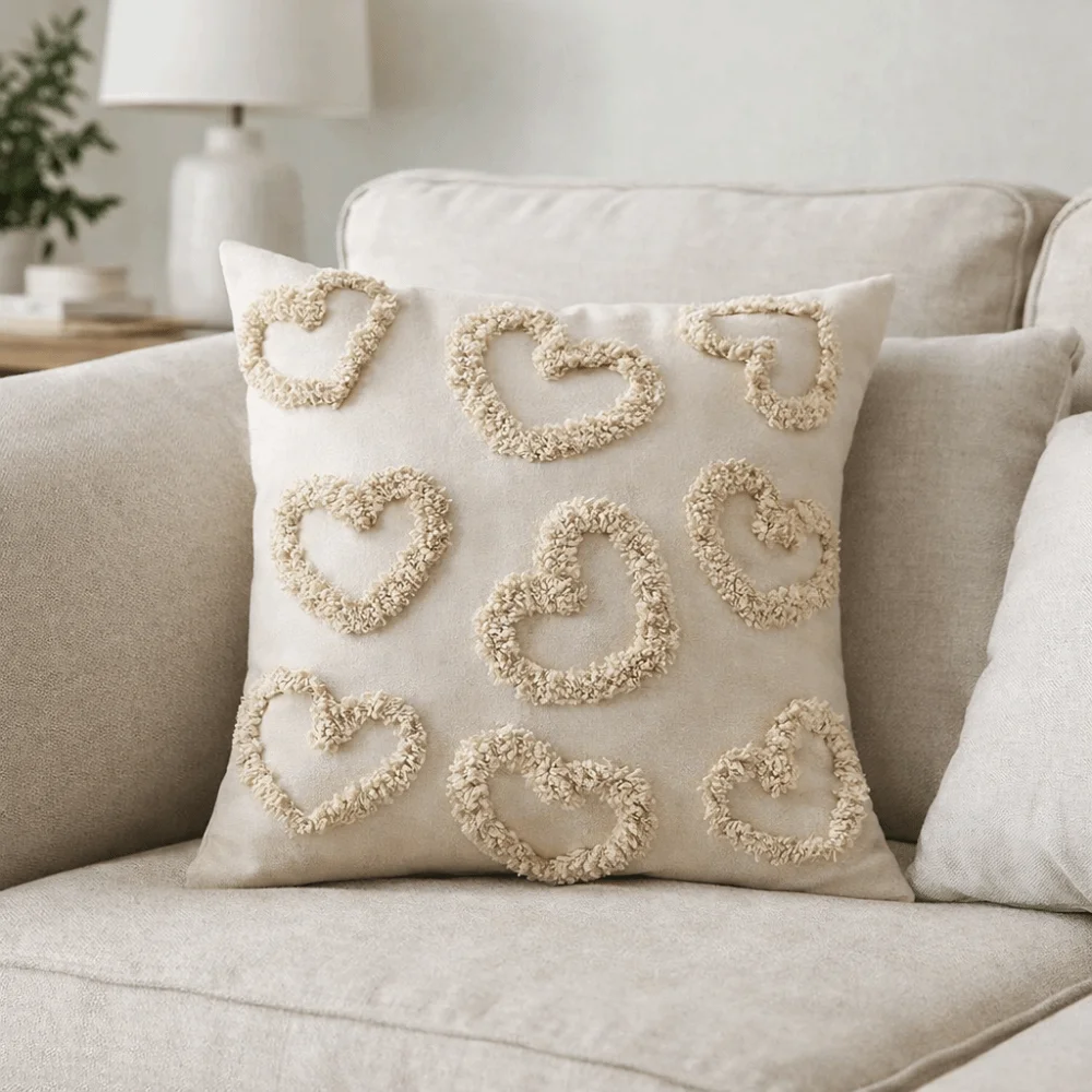 Romantic Valentine Heart Pattern Pillowcase Velvet Hidden Zipper Throw Pillow Cover Embroidery Brightly Colored Pillow Cover
